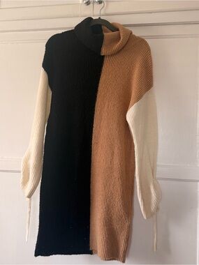 Colorblock Turtleneck Sweater Dress in Black, Camel & Cream